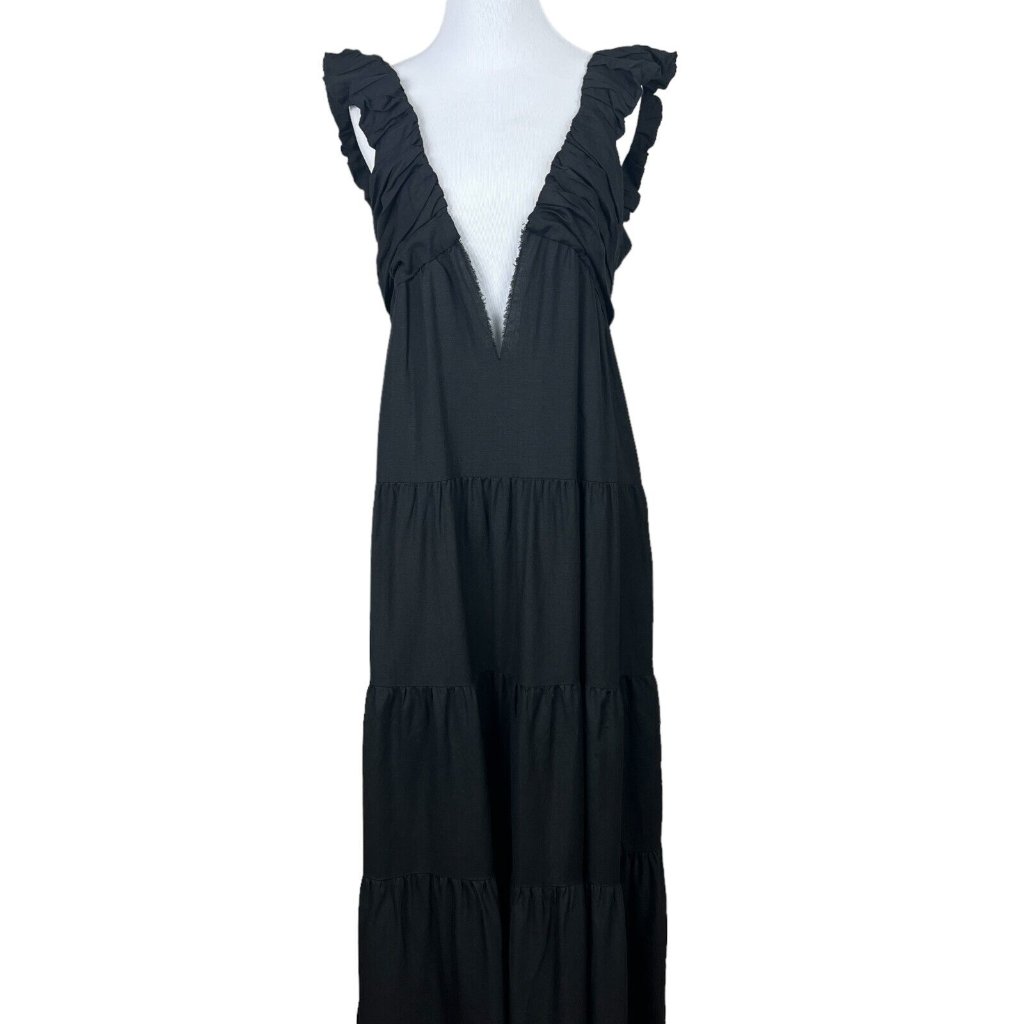 Jason Wu Maxi Dress Womens Large Black Tiered Linen Blend Pleated A-Line L Flaw